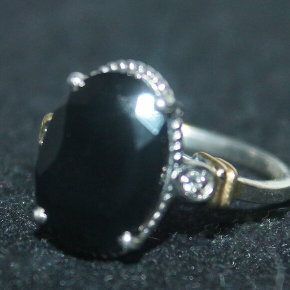 925 Sterling 14K Gold Onyx White Sapphire  Statement Cocktail Ring - Picture 1 of 5